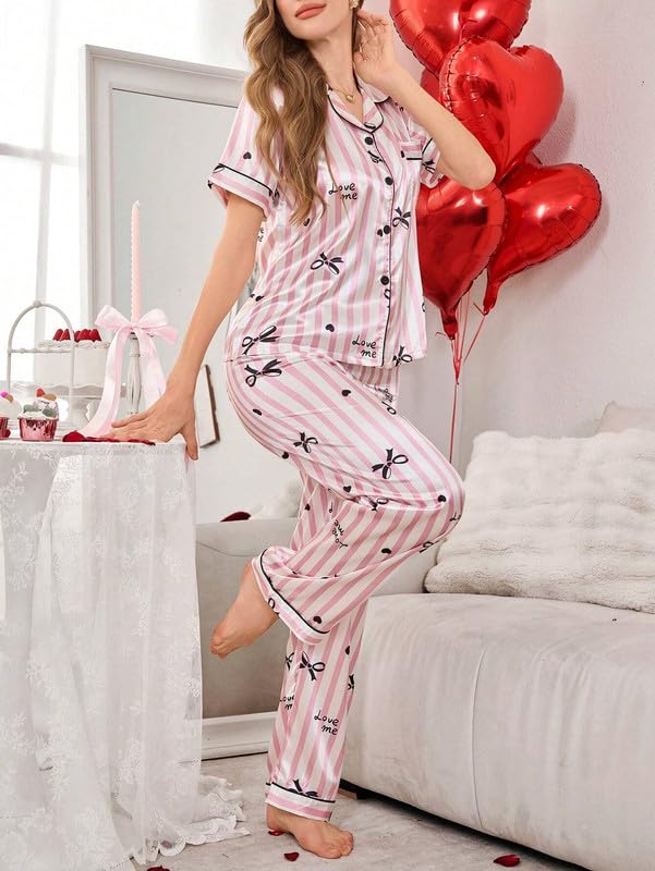 Image of Night Suit for Women with Full Sleeve Button-Down Top with Pant Dress for Woman, Cotton Night Dress for Woman, Two-Piece Loungewear Set