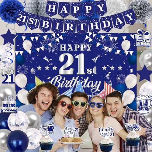 Image of 21st Birthday Decorations for Boys Girls, Blue Silver Happy 21st Birthday Party Decorations, 21 Backdrop, Banner, Balloons, Hanging Swirls, Bday Cards, Cake Toppers, Pompoms 54pcs