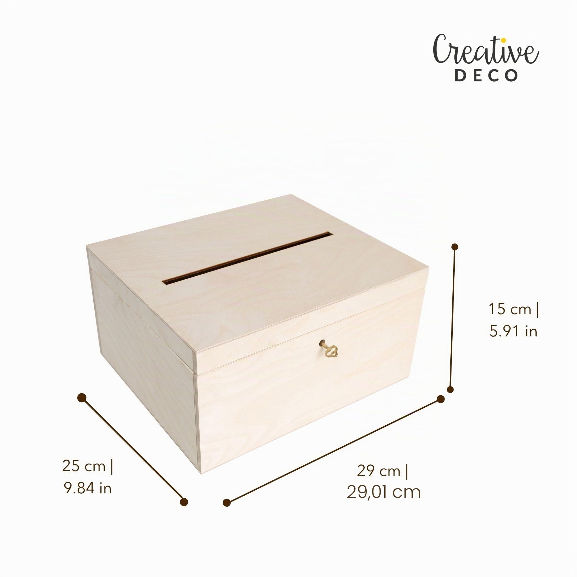 Creative Deco Boite en Bois pour Enveloppes | 29 x 25 x 15 cm | Bois Naturel | avec Couvercle et Clé | Boîte pour Occasions Spéciales | Urne Anniversaire | Mariage | Boite a Souvenirs, Cartes Lettre