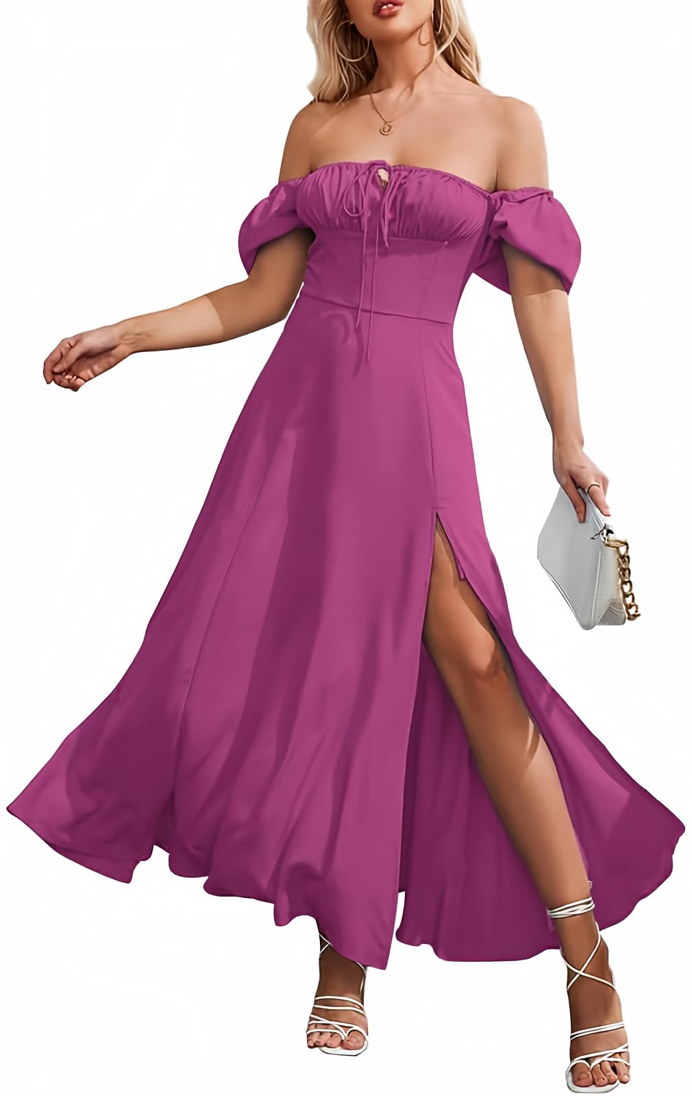 Women's Summer Puff Sleeve Floral Split Maxi Dress Flowy A Line Casual Beach Long Dresses 2025