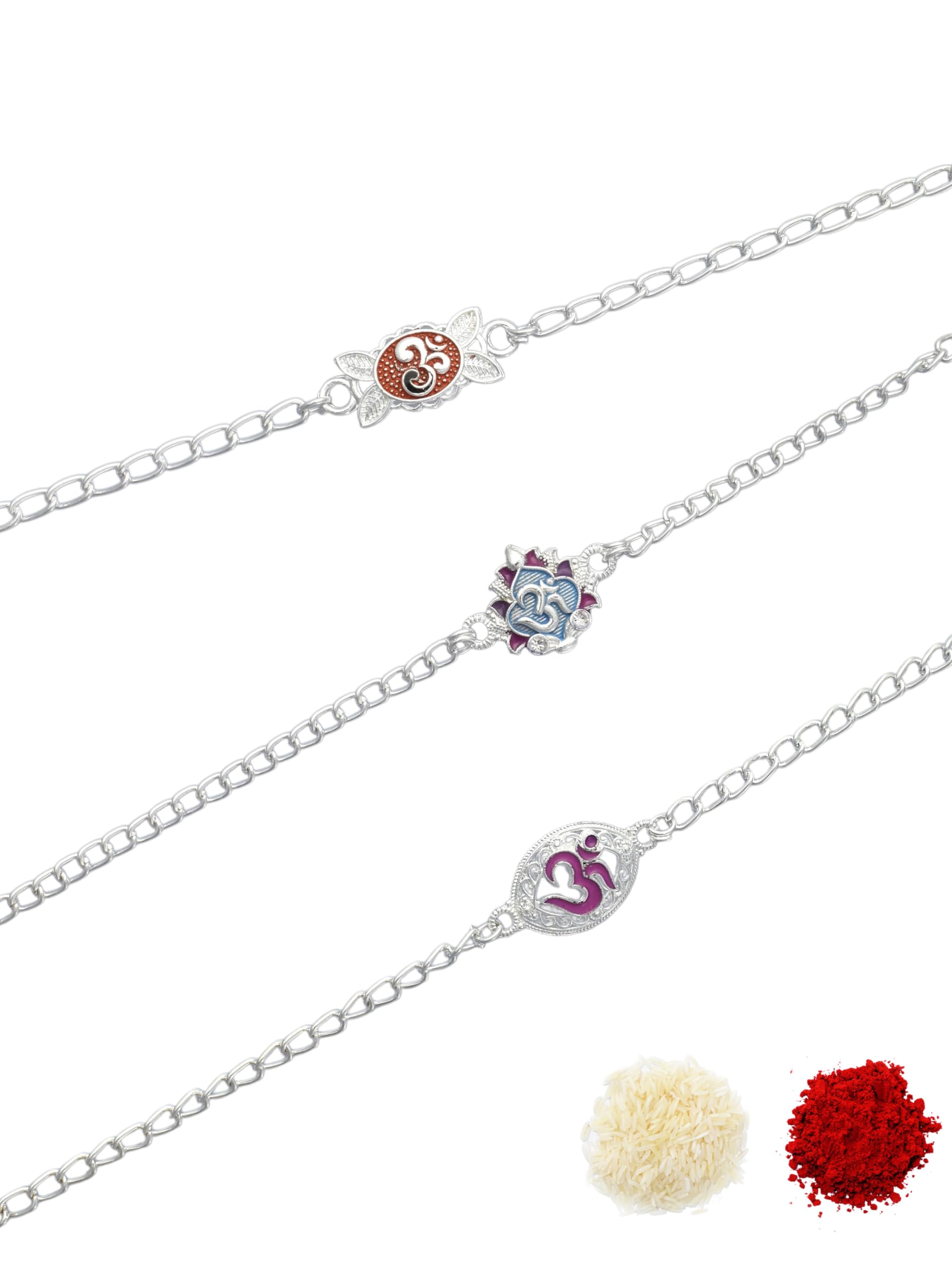 Premium Multi-coloured Minakari Finish Silver-Plated Combo of 3 Bracelet Type Chain Stylish Rakhi for Raksha Bandhan for Brother, Bhai, Bhaiya, with Roli Chawal and Greeting Card-74-image-32