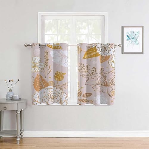 Cortinas De Cocina Modernas Floral Ornament Beige Gold Grommet Short Macrame Curtains for Doorways Blackout Sheet 63Inch Width by 63Inch Length,2