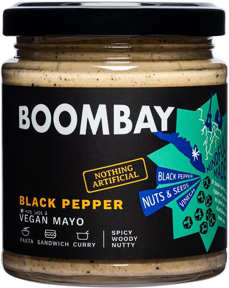 BOOMBAY Black Pepper Vegan Mayo 190g | Nothing Artificial | No Bad Oils | No Refined Sugars | Plant Based | No Onion or Garlic | Use as a Curry Paste, Pasta Sauce, Spread on Bread