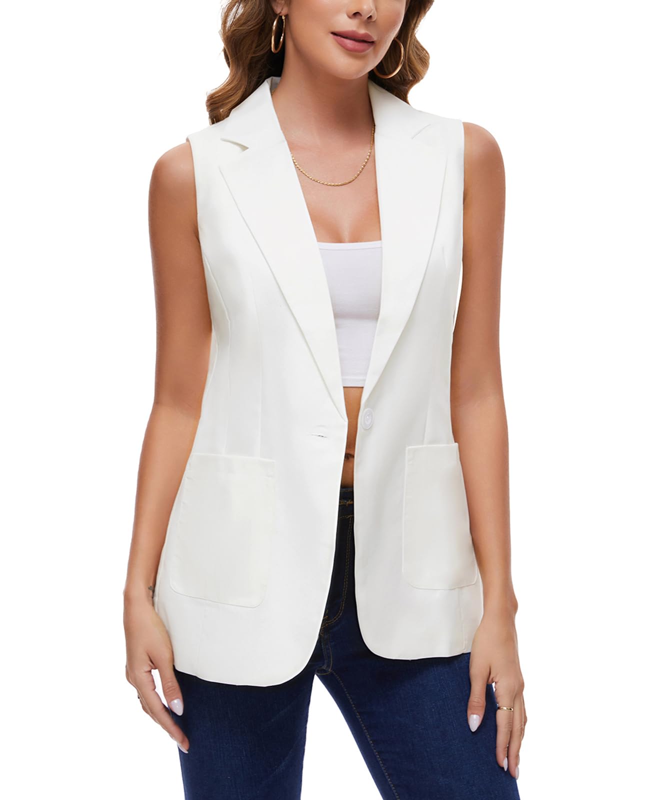Blazer senza maniche da donna, gilet lungo da ufficio, completamente foderato, con un bottone, con risvolto dentellato