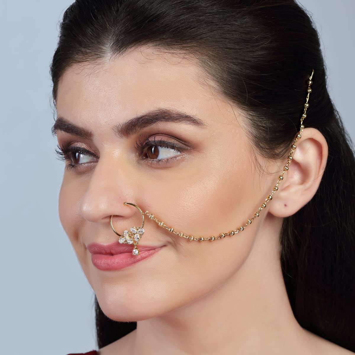 Delicate Sparkling American Diamond Clip-On Nose Ring with Pear Drops