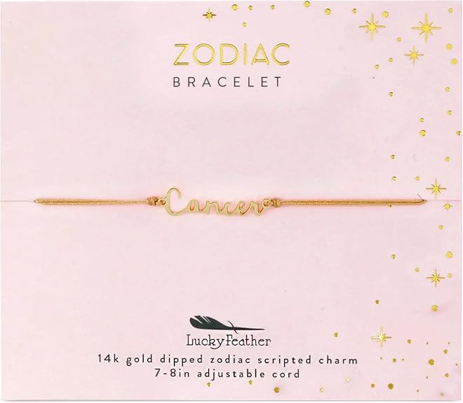 Lucky Feather Zodiac Bracelet 14K Gold Plated Constellation Adjustable Cord Bracelet for Women & Teens
