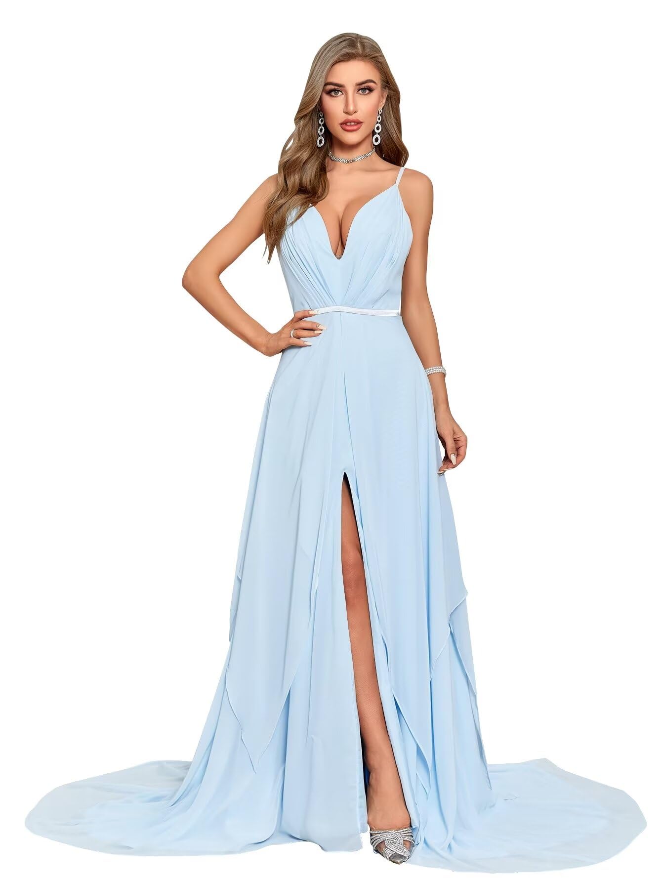 Baby Blue Women's V Neck Bridesmaid Dresses Ruffle Sleeveless Chiffon A Line Formal Dress with Slit Wedding Guest Dresses with Pockets Baby Blue US22W