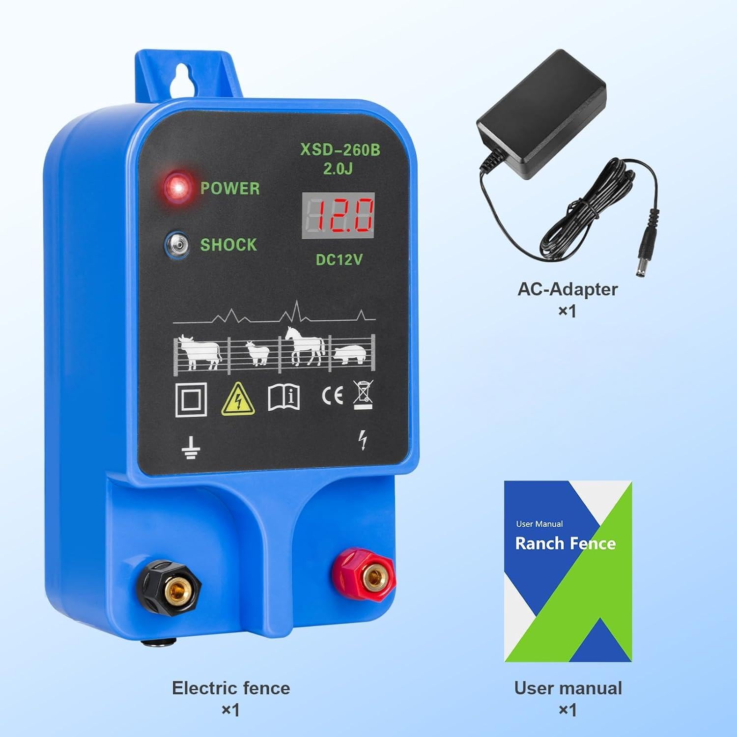 pastor electrico ,10KM cerca eléctrica Controlador de 2J / 10,5 kv, fuente de alimentación de valla eléctrica enchufable para prevención de vida silvestre, granjas, aves de corral, jardines