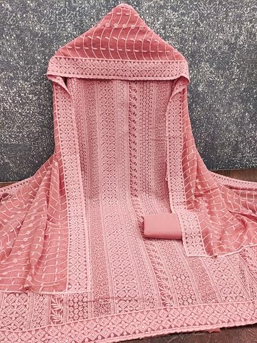 Image of Sidhidata Women's Faux Georgette Full Embroidery Lucknowi Chikankari Schiffli Work Unstitched Salwar Suit Dress Material With Embroidered Dupatta (DM Lucknowi Free Size)