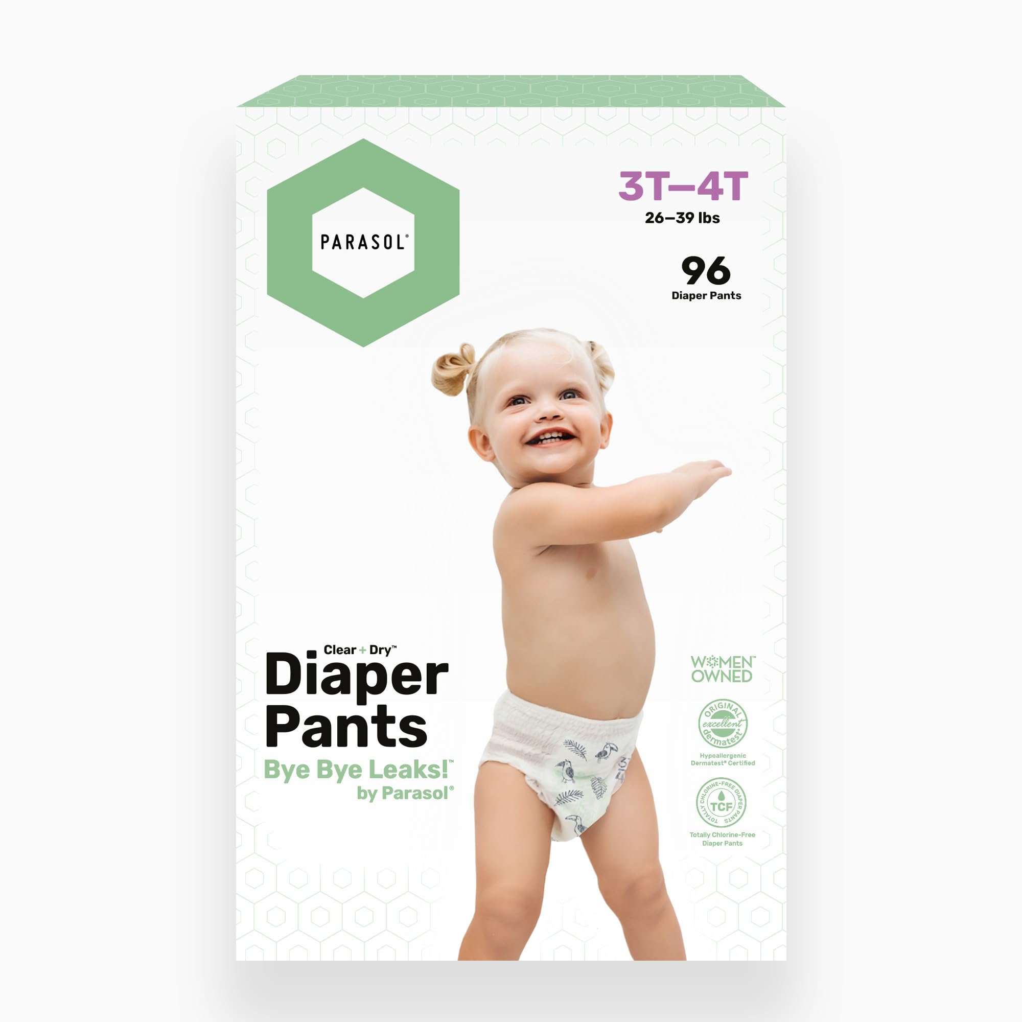 Parasol Clear+Dry™ Diaper Pants | Natural Training Diaper | Pure Ingredients, Water Based Ink, Non-Woven Fabric with Dermatest Excellent Seal | Rash Protection Diaper Set, Size 5 (26+ lbs.) 96 Count