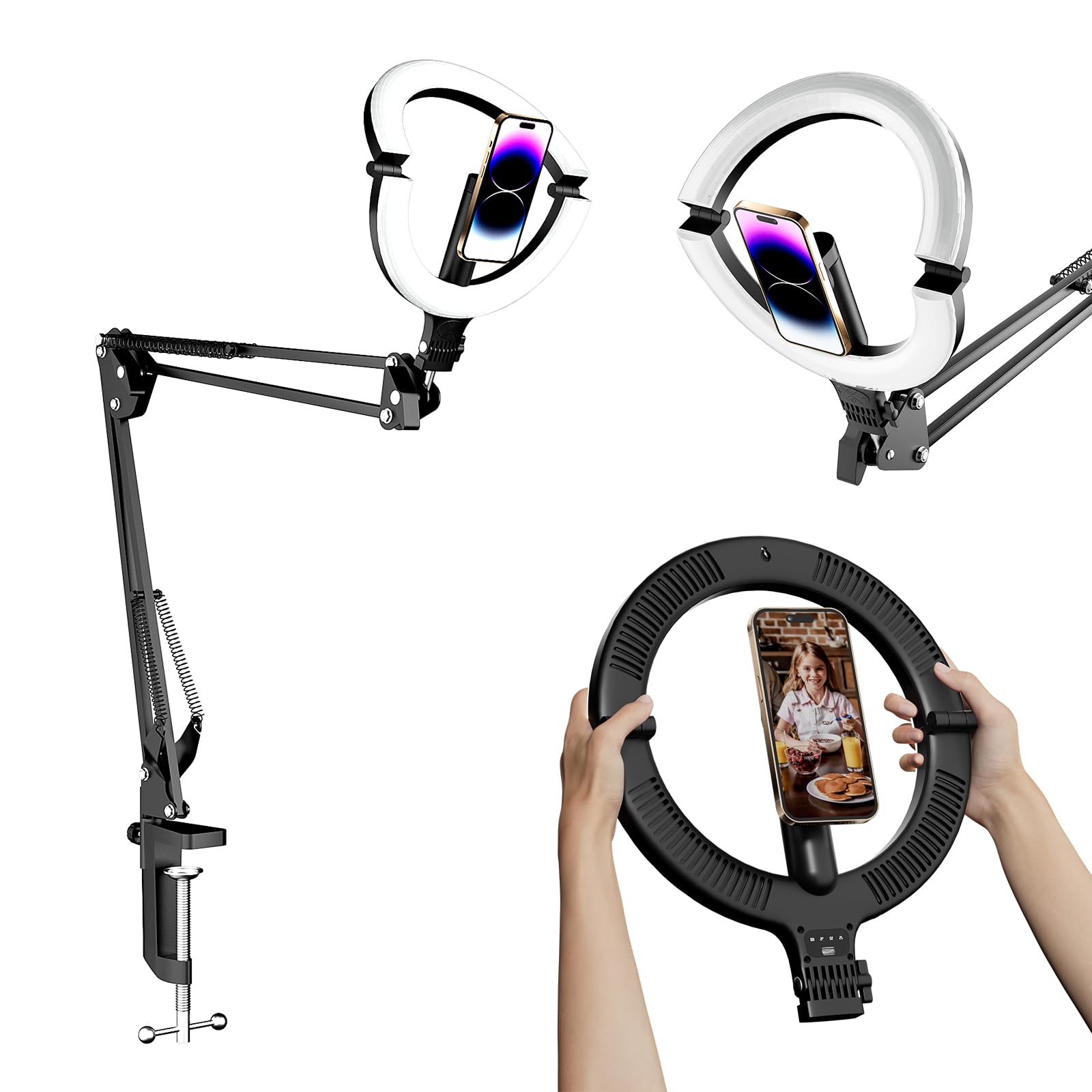 XINBAOHONG - Luce magnetica ad anello da 25,4 cm, supporto per fotocamera e telefono, luce LED per selfie XINBAOHONG con supporto e supporto per telefono, luce da scrivania ricaricabile per