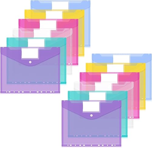 Bolsillo para carpeta A4, organizador de carpeta, 11 agujeros, sobre de polietileno transparente con botón a presión y bolsillo para etiquetas para