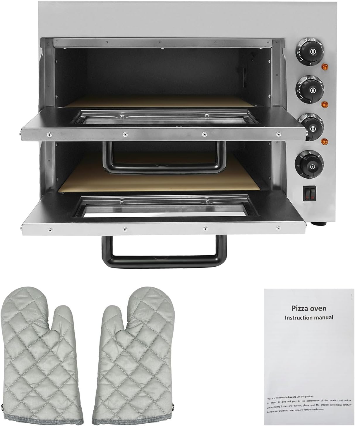 Horno elctrico para pizza de acero inoxidable, 3000 W, para interiores, doble piso, horno de pizza, 2 pisos, con regulacin de temperatura, 50-350 , para pizzera, restaurante, panadera, hogar