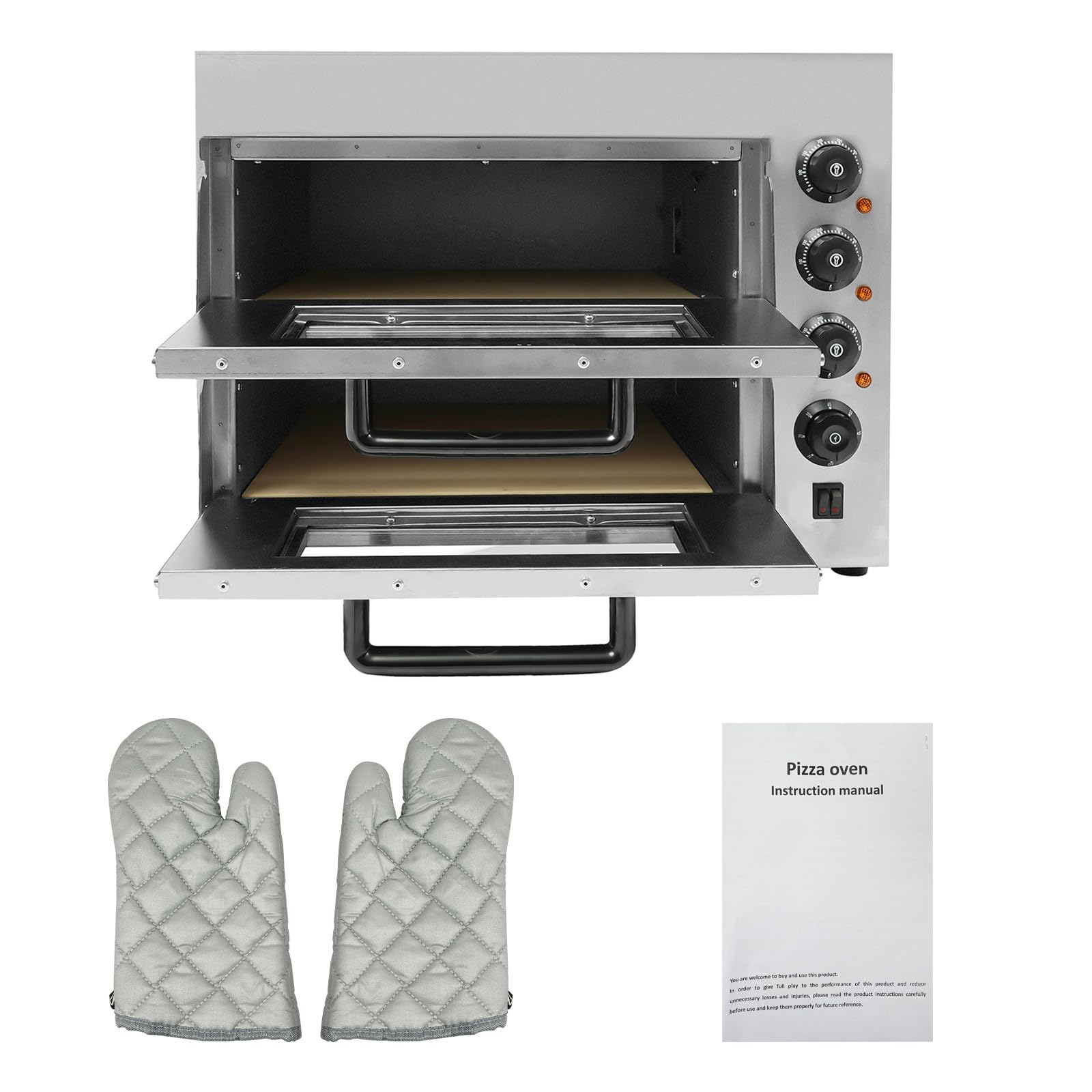 Four à pizza électrique 3000 W à double chambre - Double four à pizza professionnel en acier inoxydable avec 2 x capacité de 20 l et pierre de cordiérite - Température 50-350 °C - Minuterie 60 min