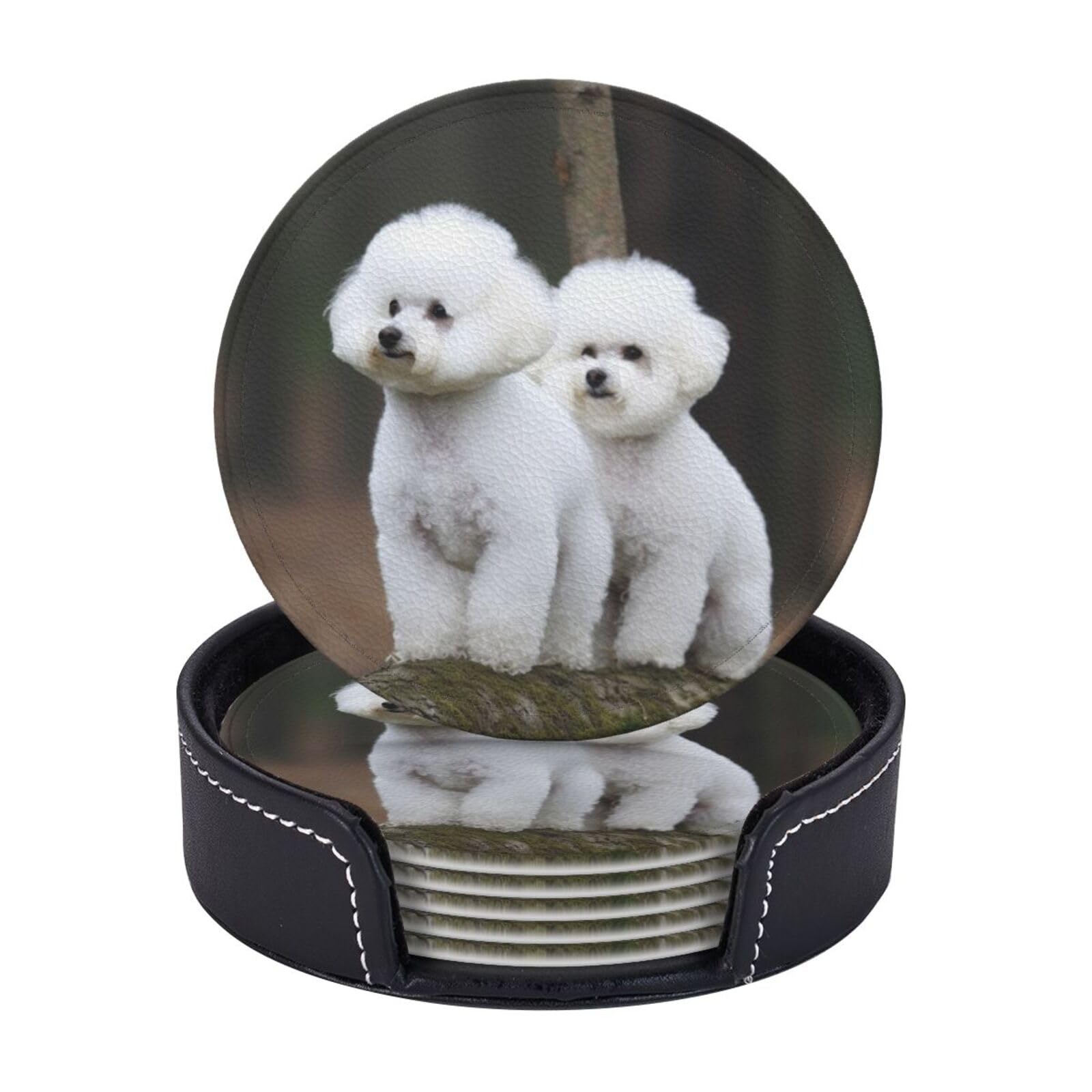 Round Coasters for Drinks Set of 6 - PU Leather Coasters with Holder - Modern Drink Coasters for Coffee Table - Bichon Frise Coaster for Tabletop Protection 4" Cup Mat Pad