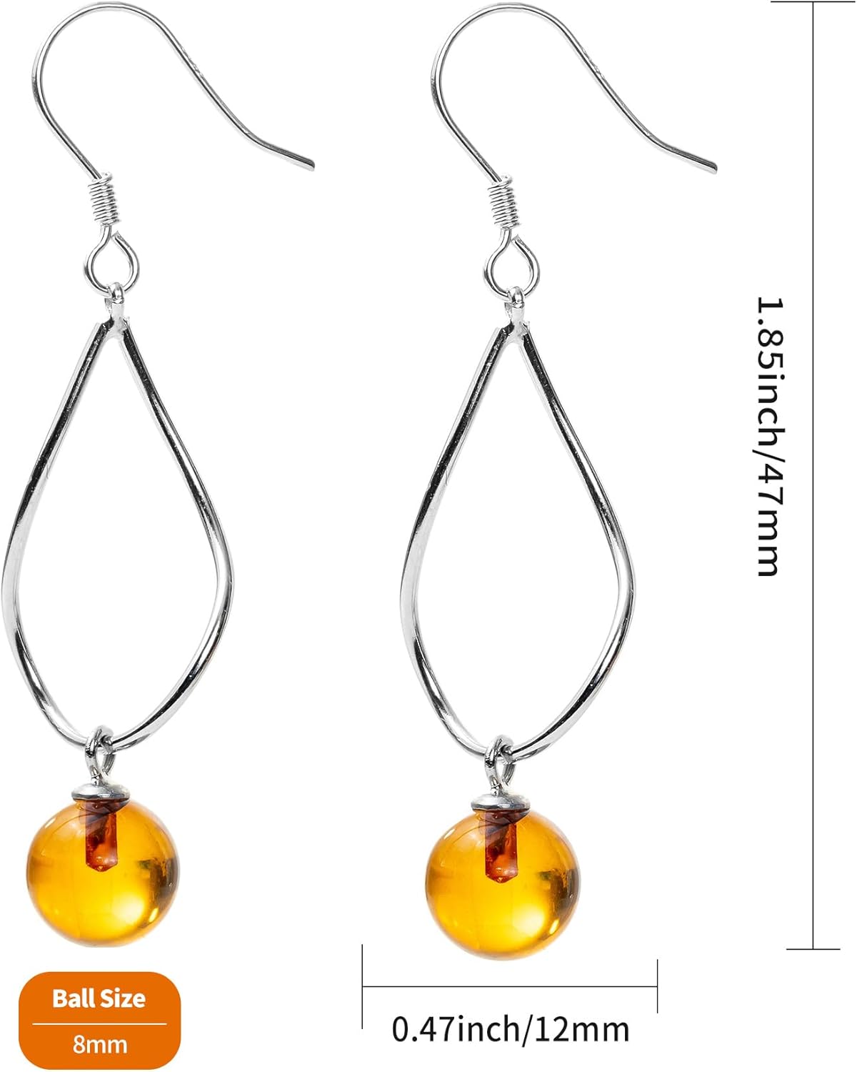 Genuine Baltic Round Amber Drop Dangle Earrings for Women in Sterling Silver, Rich Cognac Color - Image 2