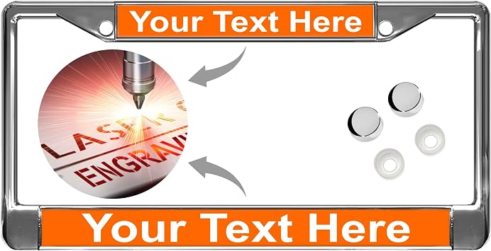 Custom Personalized Chrome-Plated Metal Laser Engraved Standard Size - Car/Automobile License Plate Frame with Free caps - Orange/White Text Qty 1 Frame