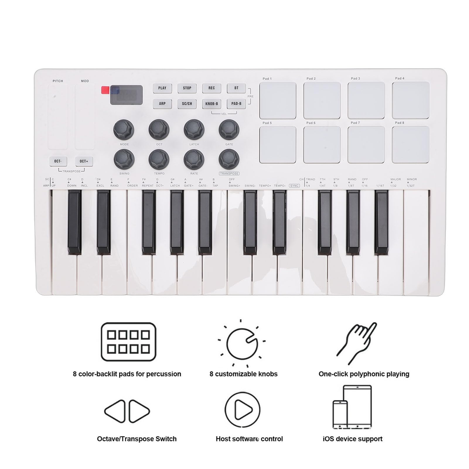 Asixxsix Controller Tastiera MIDI 25 Tasti, Mini Macchina Beat Maker Portatile Wireless Bluetooth con 8 Pad per Batteria Retroilluminati 8 Manopole 2 Touch Strip Capacitivi