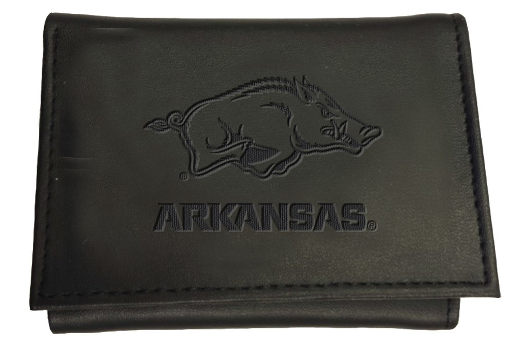Team Sports America NCAA Arkansas Razorbacks Black Wallet | Tri-Fold | Officially Licensed Stamped Logo | Made of Leather | Money and Card Organizer | Gift Box Included