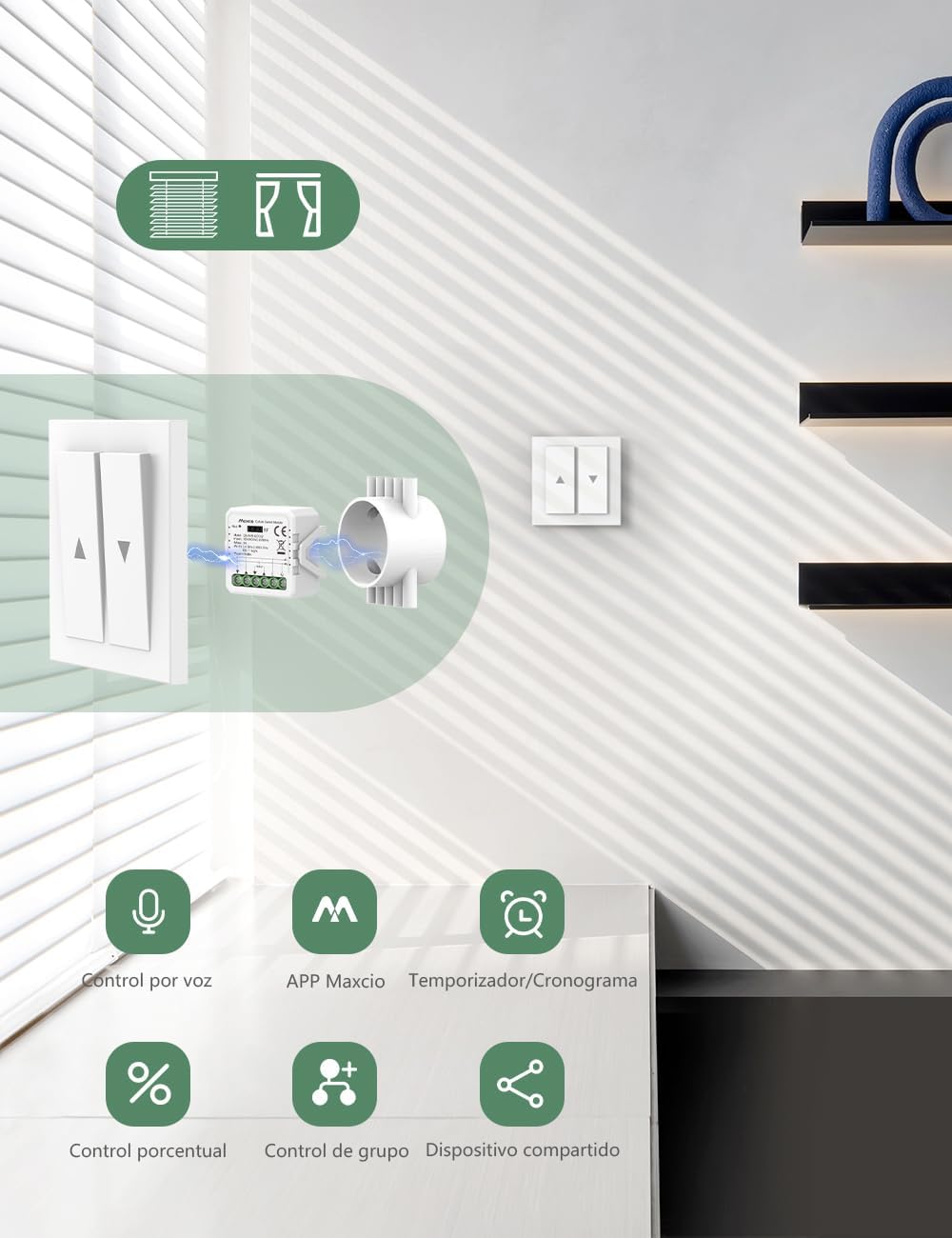 Maxcio Interruptor Persianas WiFi Módulo, Relé de Persiana WiFi con Función de Porcentaje, Temporizador, Control por App y Voz, Interruptor Persiana Compatible con Alexa/Google Home, 4 Packs
