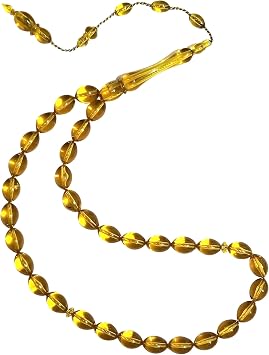 Muslim Worship Beads - Small 33-Bead 12x9mm Oval Translucent Honey Yellow Acrylic Prayer Beads Tasbih Sibha Misbaha for Islamic Dhikr, Salawat, Namaz Salah, Divine Litanies