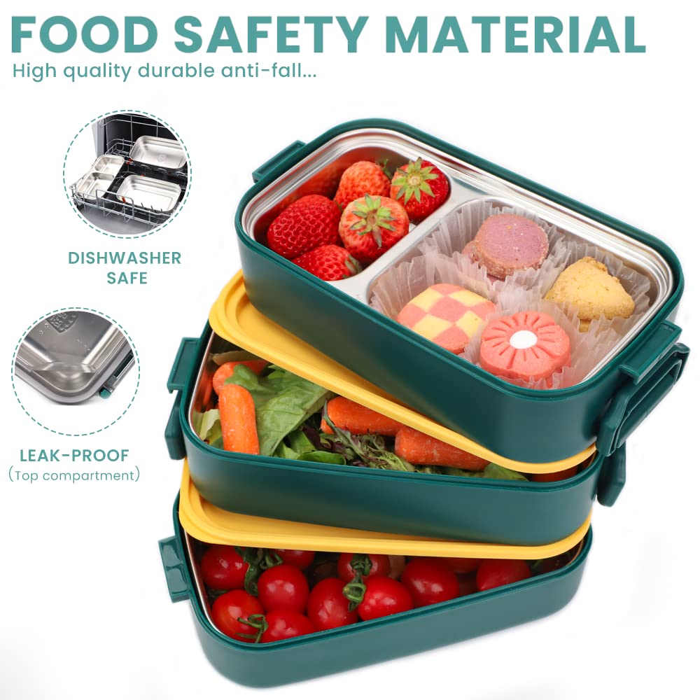 Bugucat Bento Box 1700ML, 3 in 1 Boite Bento Acier Inoxydable Lunch Box Boîte à Repas en Plastique pour Enfant Adulte, Bento Boîte à Déjeuner Sécurité Anti-Fuite Écologique Hermétique Boîtes Bento
