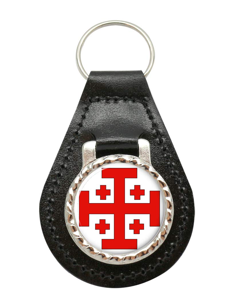 Giftshop Uk Unisex Black Leather And Silver Metal Jerusalem Cross (Holy Sepulchre) Leather Key Fob