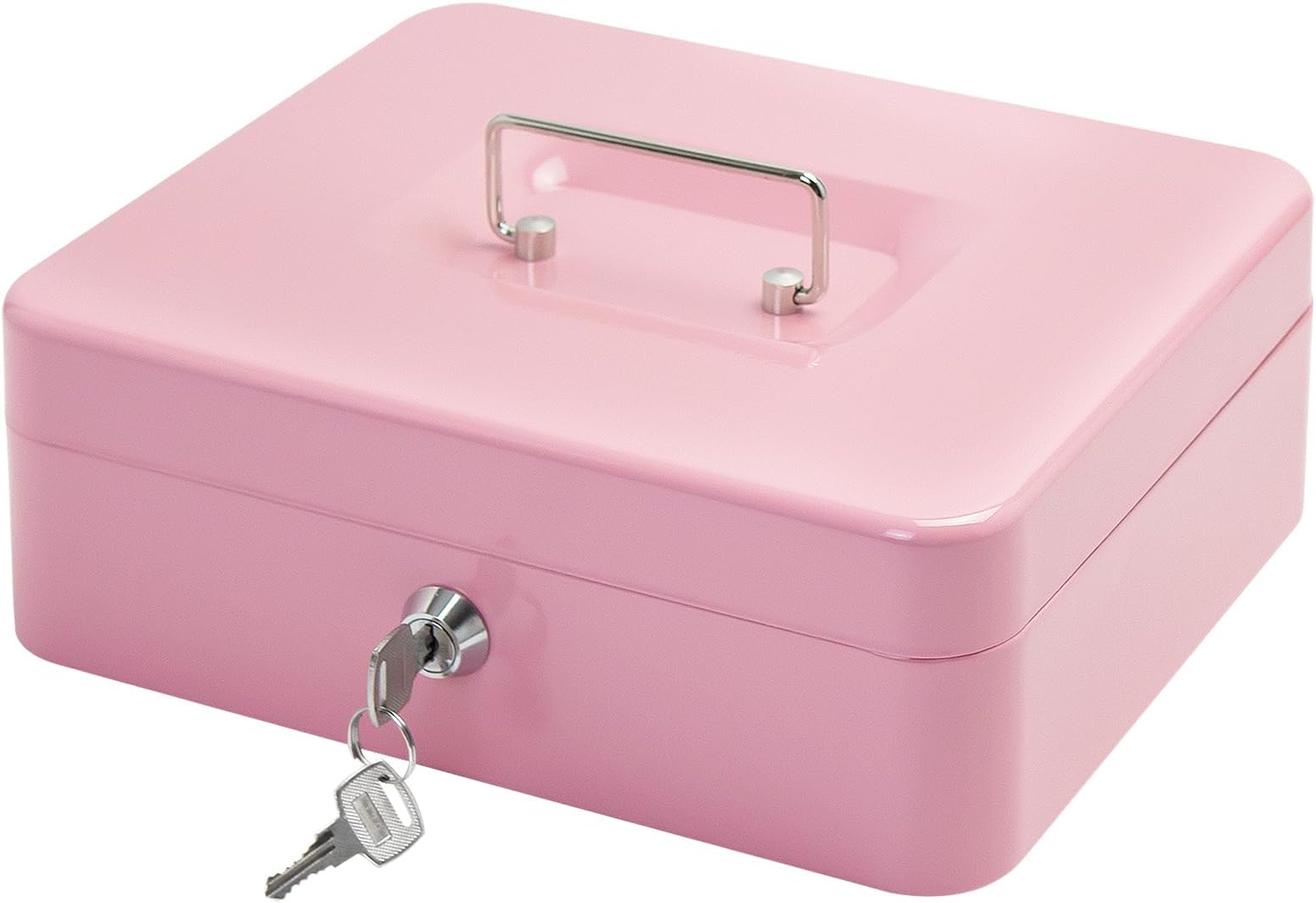 Steel Cash Box with Key Lock, Metal Small Money Organizer with Money Tray,Cash Storage Box with Lockable Cover (Pink - 9.8" x 7.8" x 3.3")