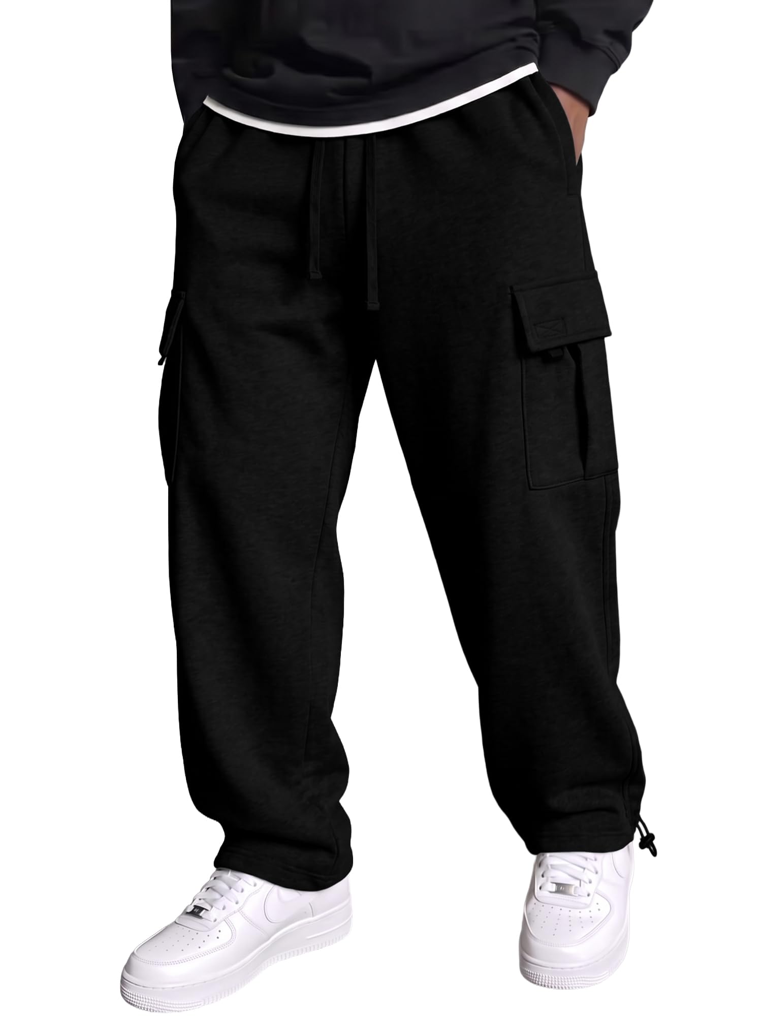 JMIERR Baumwolle Sweatpants Herren Baggy 5 Taschen Cargohose | Fleece-gefüttert Wärme, Ladetaschen, elastische Schnüre Taille, Knöchelschnüre, weiche Baumwollmischung, maschinenwaschbar