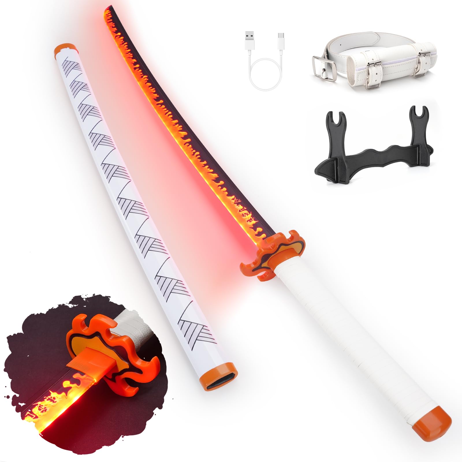 Zisu LED Glowing Anime Cosplay Sword Katana - 40 Inch Rechargeable Light Up Sword with Stand & Belt