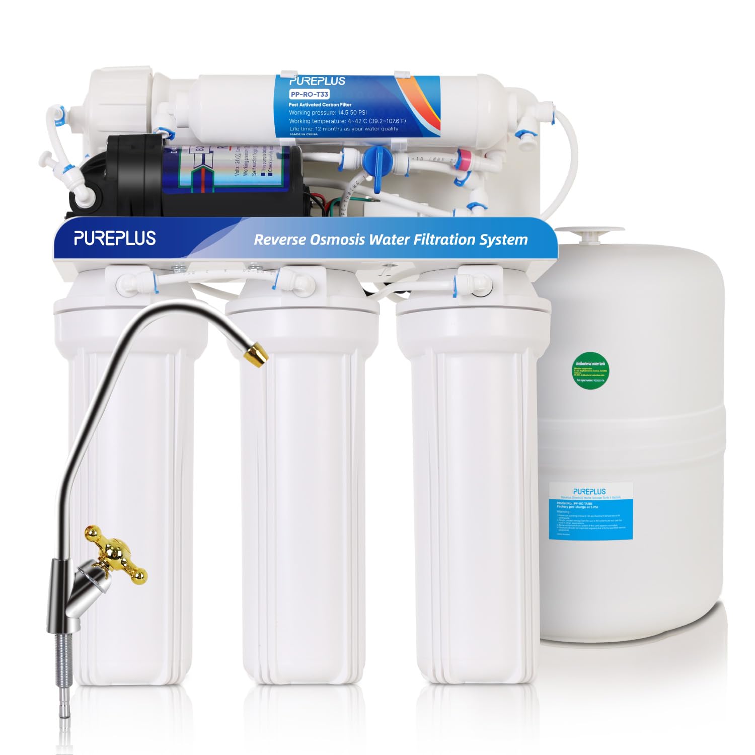 PUREPLUS 5 Stage Reverse Osmosis Filtration System, with 75GPD Stable Flow, NSF Certified RO Drinking Water Purification, with Nickel Faucet and Tank, Booster Pump, Plus Under Sink Replacement Filters