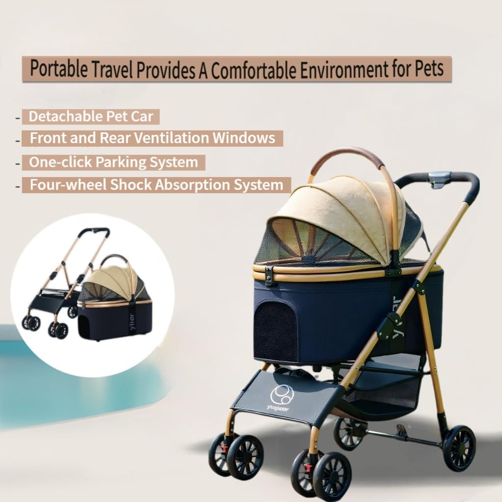 Small Dog Stroller, Gold Lightweight Dog Carriage, Foldable Design with Canopy, Black and Beige Cat Stroller Detachable Carrier Suitable for Car Seat & Hand Carry, Safe Outings
