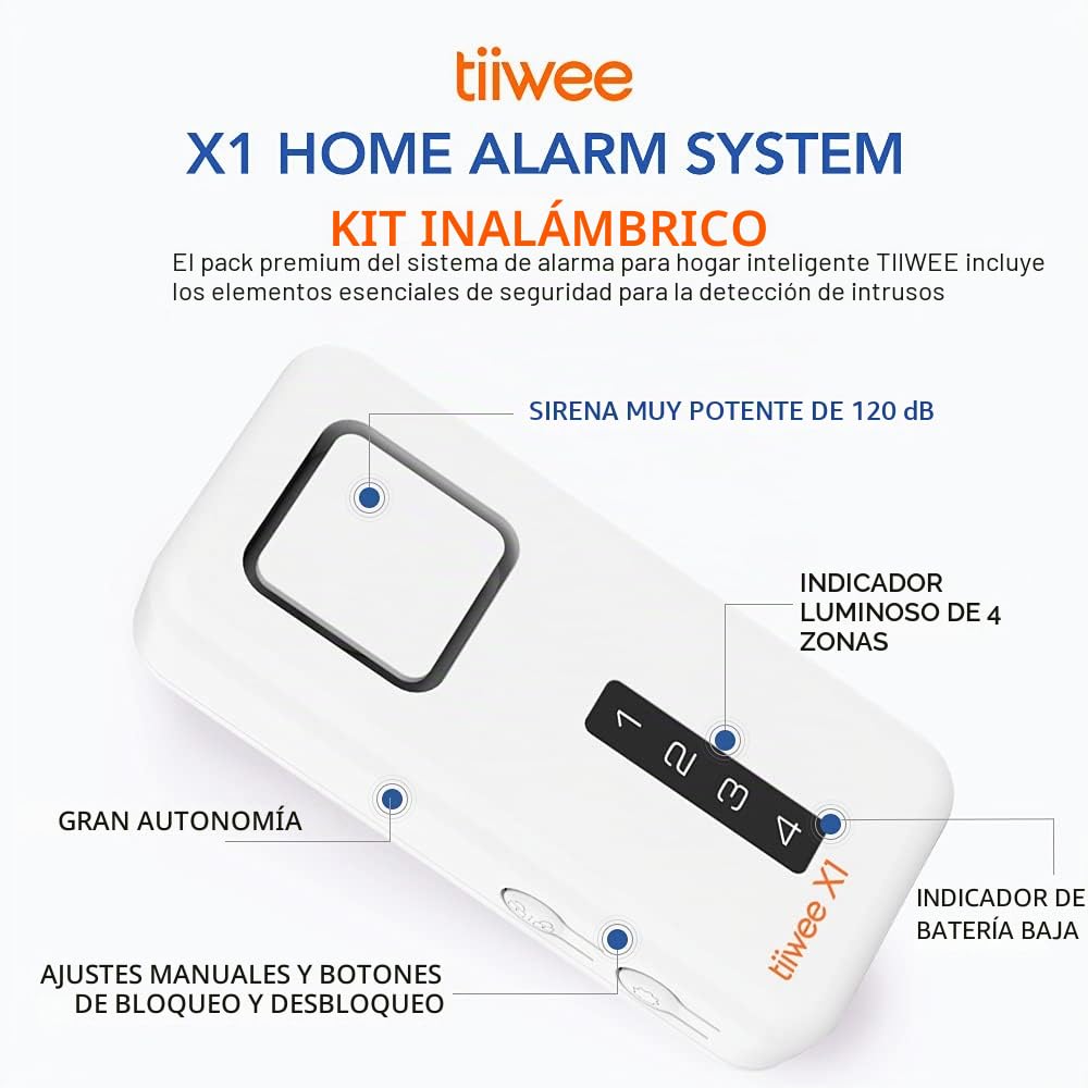 tiiwee X1 Sistema de Alarma para el Hogar - Inalámbrico - Sirena de 120 dB, 2 Sensores de Puerta y Ventana, 2 Controles Remotos y 1 Detector de Movimiento