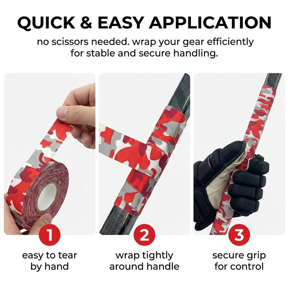 Ruban Adhésif de Hockey 25m x 2,5cm - Camouflage Rouge, Tape en Coton pour Crosse de Hockey, Résistant au Froid & Antidérapant