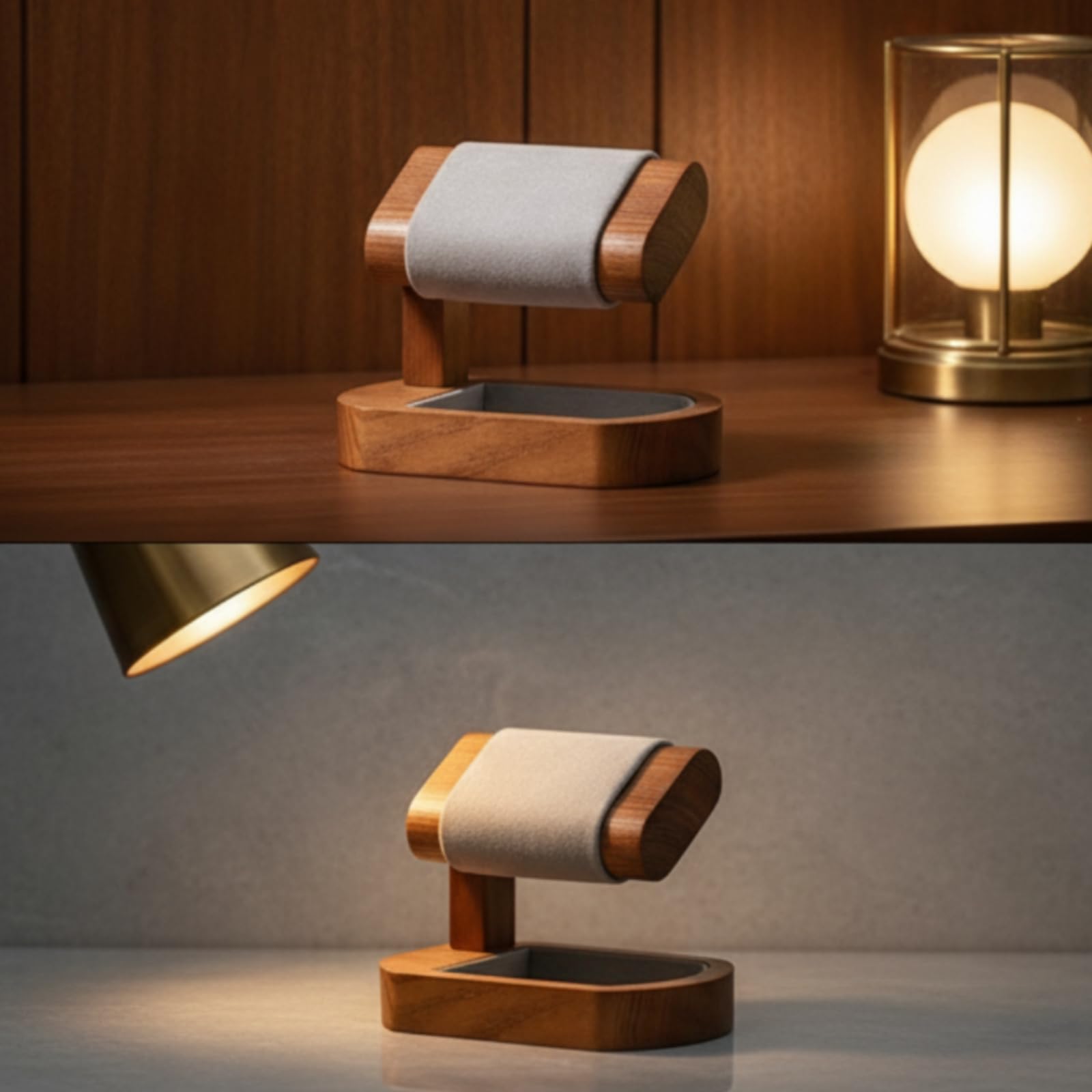 Supporto Orologio Espositore Portaorologi Stand Salvaspazio Base Legno Cradle Imbottita Microfibra a 360 Gradi Adatto a Comodino Toeletta Banco