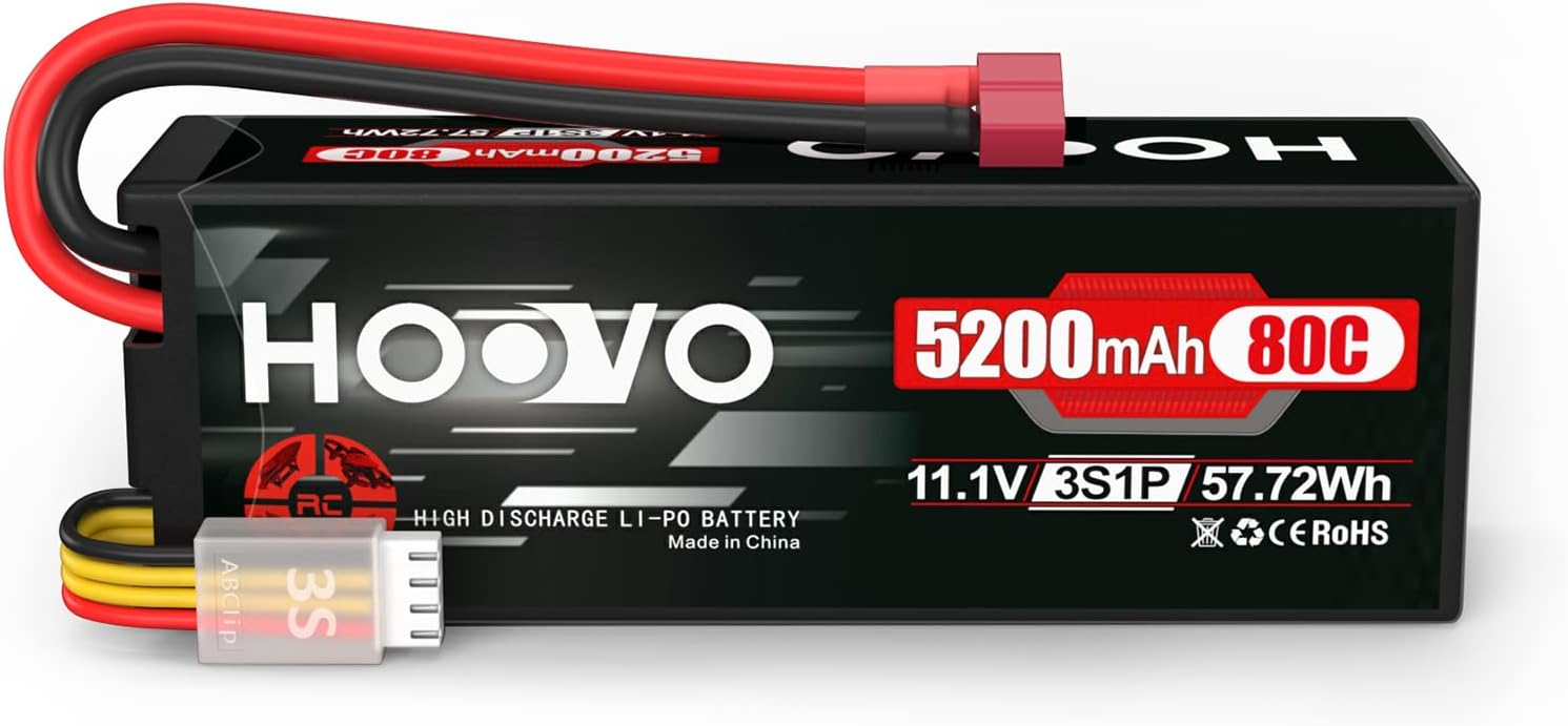 HOOVO 3S Lipo Battery 11.1V 80C 5200mAh RC Battery Hard Case with T Plug for RC Cars RC Truck Helicopter Airplane