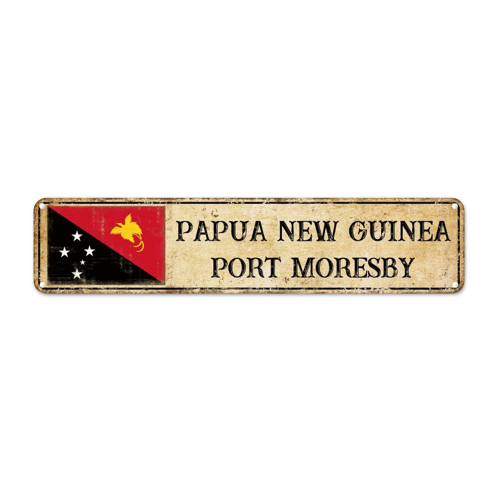 Papua New Guinea Custom Street Signs Metal Papua New Guinea Flag Metal Sign PORT MORESBY Capital Country City Souvenir Metal Tin Sign Rustic Home Decoration Gift for Foreign Friend, Neighbor 4x18in