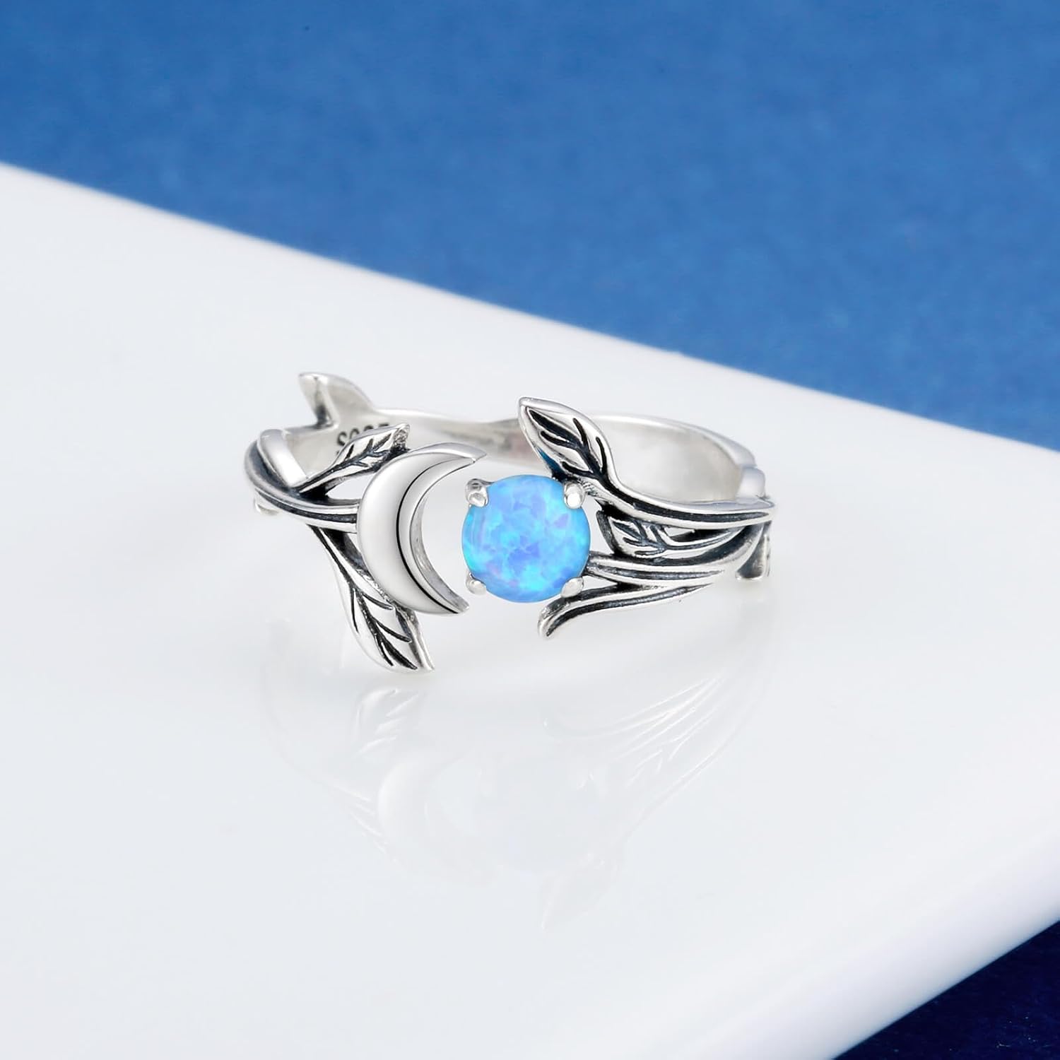 925 Sterling Silver Opal Turquoise Moonstone Moon Ring - Adjustable Vintage Crescent Moon Ring Fire Opal Planet Earth Jewelry for Women