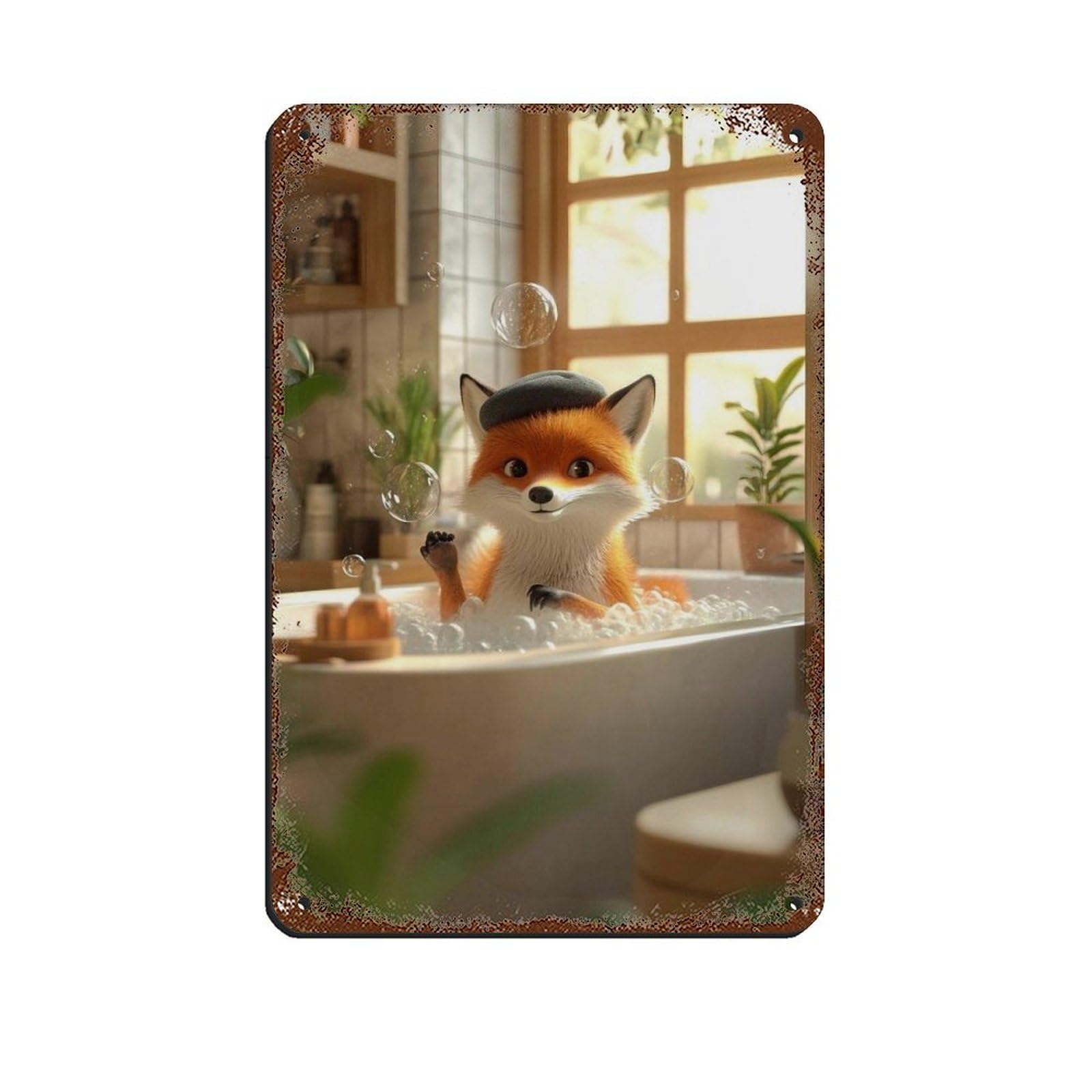 Cute Fox in Bathtub, Animal Bathroom Retro Poster Metal Tin Sign Chic Art Retro Iron Painting Bar People Cave Cafe Family Garage Poster Wall Decoration 8x12inch(20x30cm)
