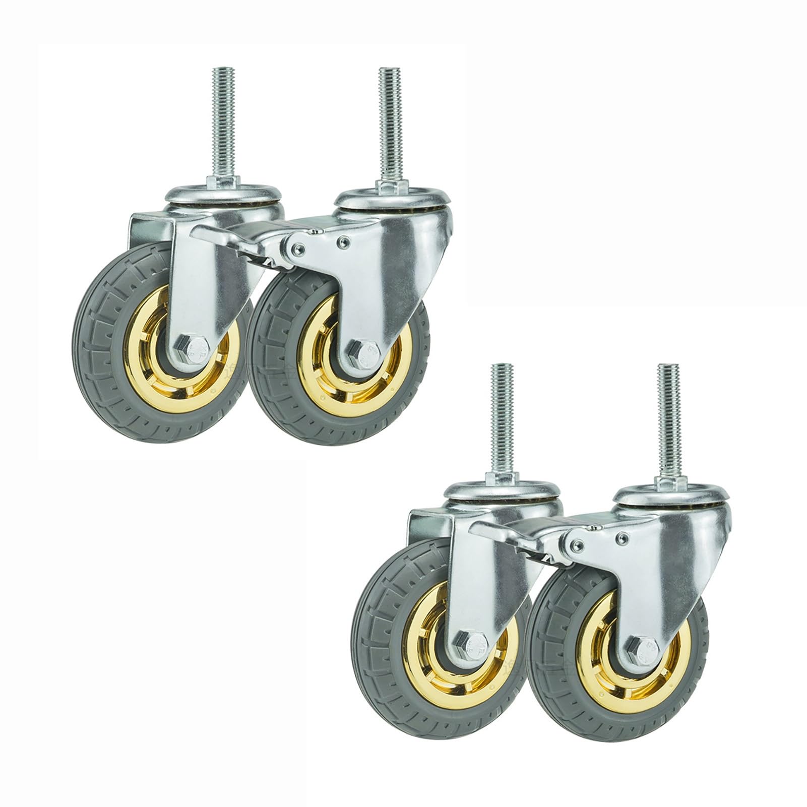 Gerrit 125mm Ruote con M12 Perno Filettato Estesa, Set di 4 Ruota Girevole Silenziosa in Gomma Piena con Freno, Ruota per Carrello Industriale di Fascia Alta per Carichi Medi