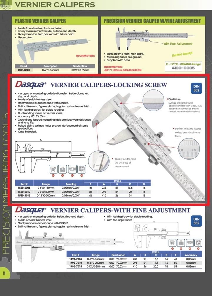 Dasqua 1550-2015 0-300mm / 0-12" Stainless Steel Vernier Caliper, 0.02mm/0.001" Reading, 0.0015"/ .03mm Accuracy