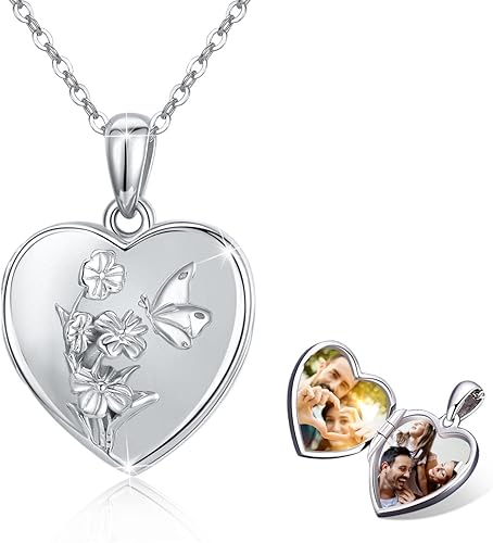 Collar con medallón de corazón de mariposa que sostiene 2 fotos, plata de ley 925 con mariposa 3D con flores florecientes, plata, no conocido