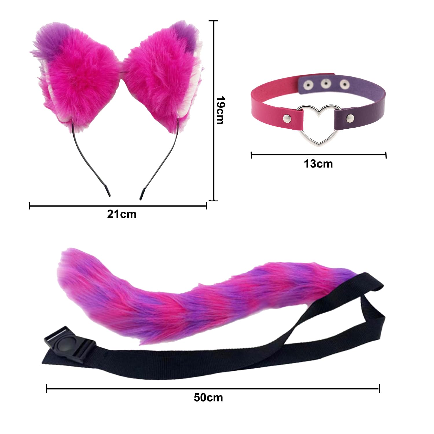 Bohue 3 Pieces Pink and Purple Striped Cat Costume Cat Ears Headband Furry Tail and PU Choker Halloween Cosplay Accessories Party Supplies for Women - Image 2