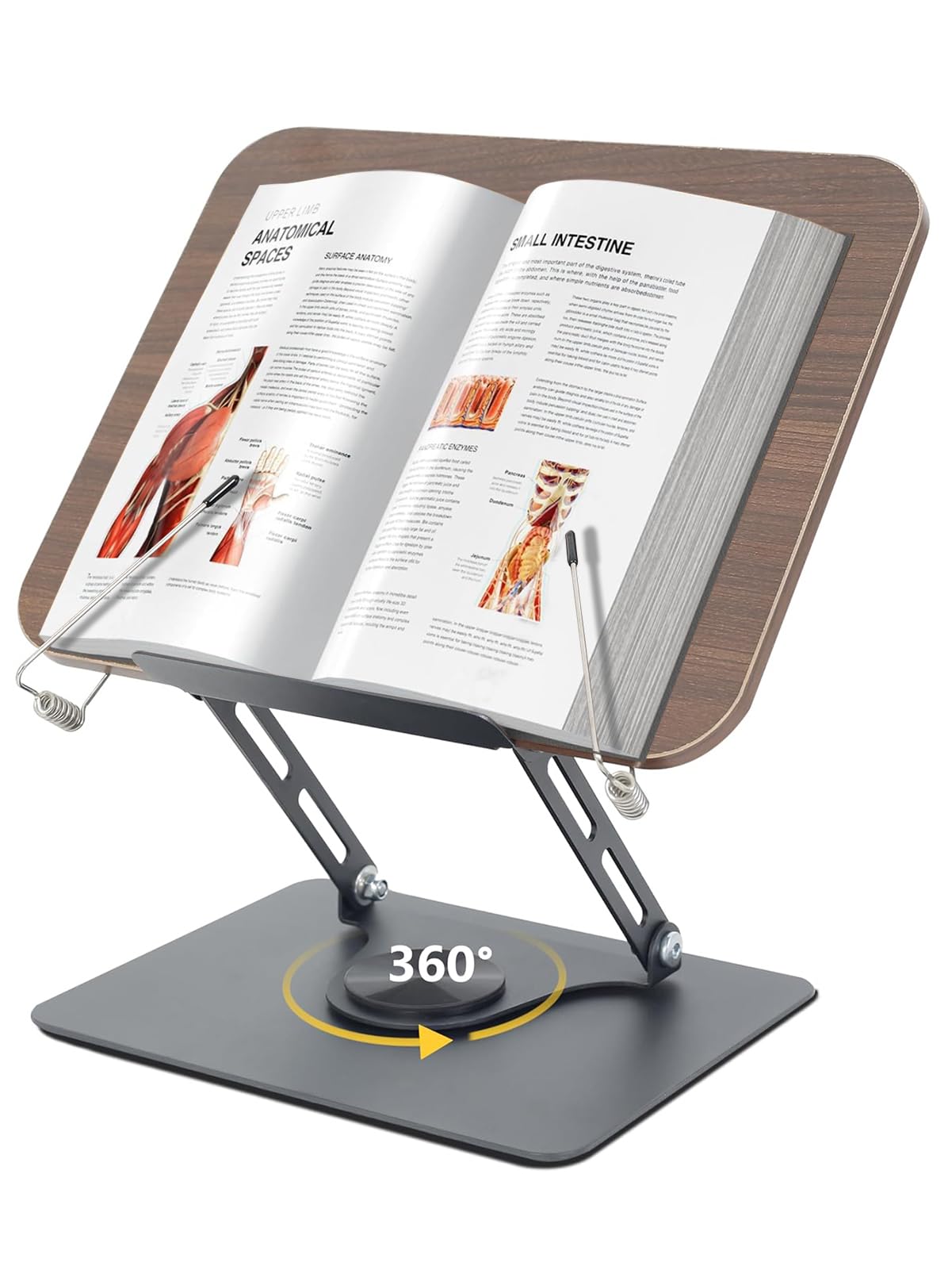 SUNBABA Adjustable Book Stand for Reading with 360° Rotating Bases,Book Holder Foldable Designs with Elastic Clips,Multifunctional Display Stand for Magazines,Tablets,Laptops,Cookbooks(Black)