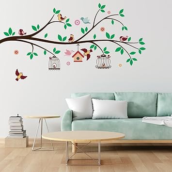 CVANU Birds on Branch & Flowers Vinyl Self-Adhesive Wall Sticker for Wall Decoration (21inchX40inch)_S318 - image, photos
