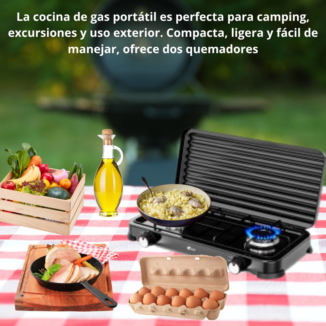 Cocina de Gas Portátil 2 Fuegos con Parrilla y Tapa Extraíble – Compatible con Butano y Propano – Ideal para Camping, Caravana y Exterior – Compacta, Segura y Fácil de Limpiar