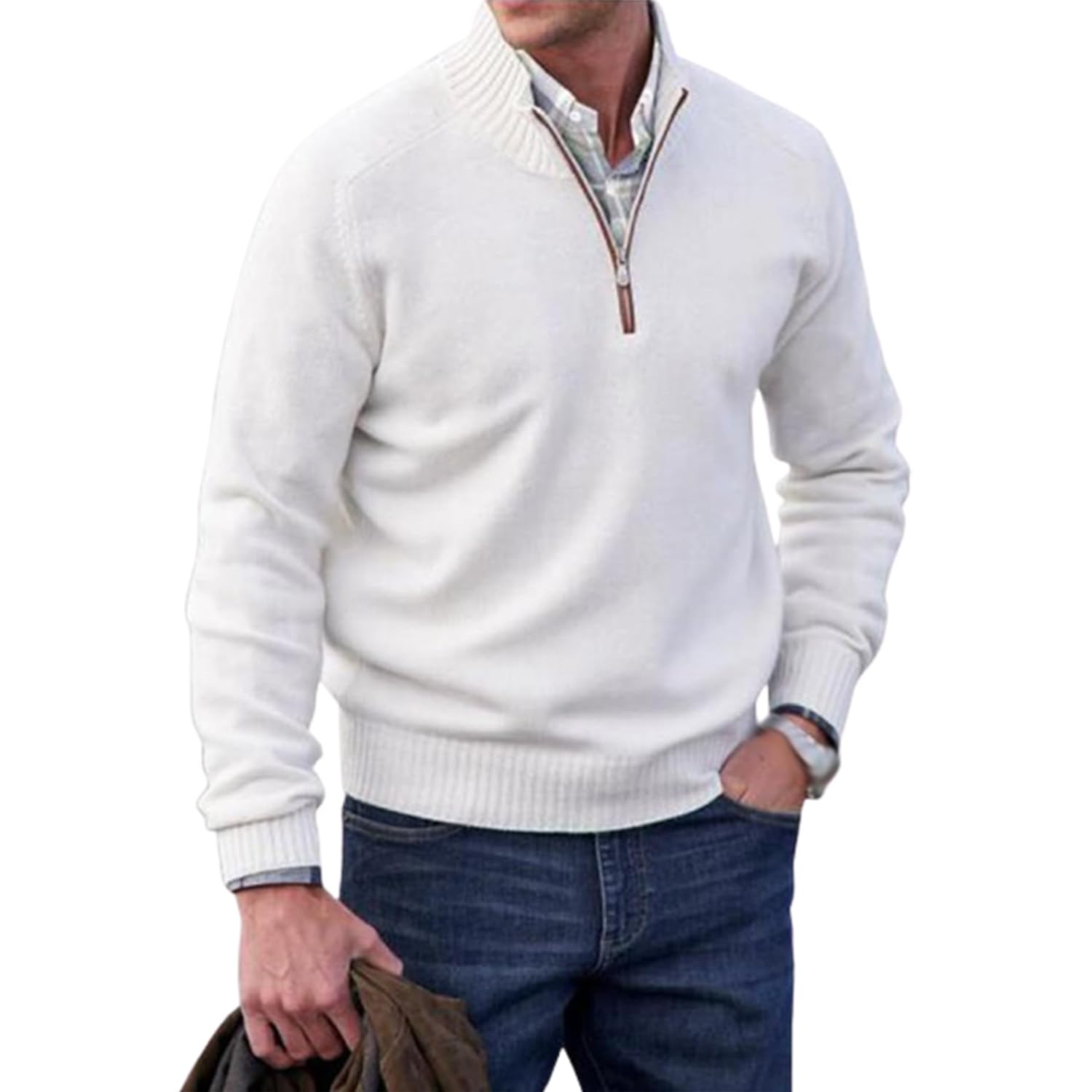 Suéter básico con Cremallera para Hombre, cárdigan de Manga Larga con Cuello Alto Ligero y Ajuste Delgado con Cremallera de un Cuarto (4X-Large,White)