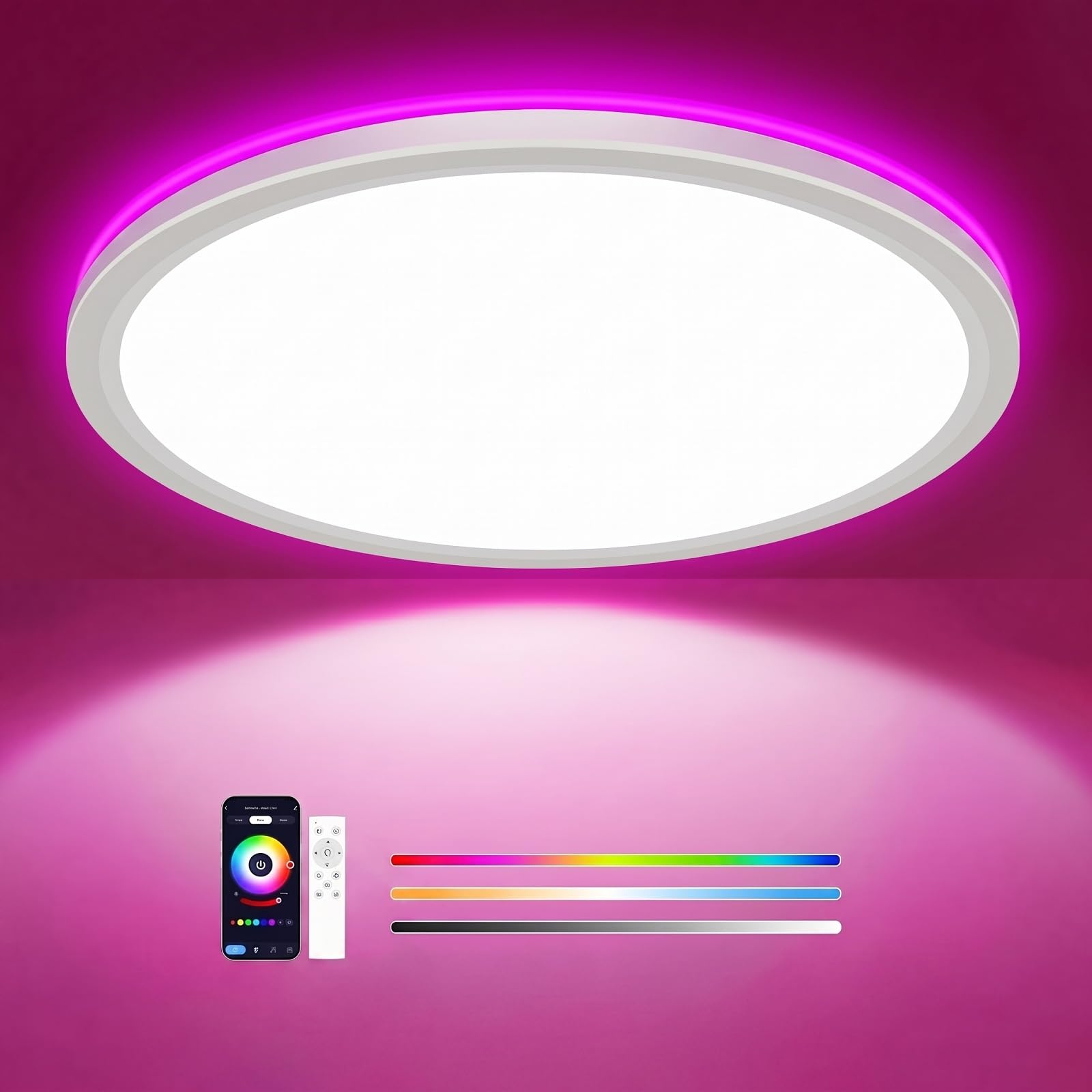 zemty 24W 3200LM LED Deckenleuchte Dimmbar, RGB Deckenlampe Farbwechsel für Kinderzimmer Schlafzimmer