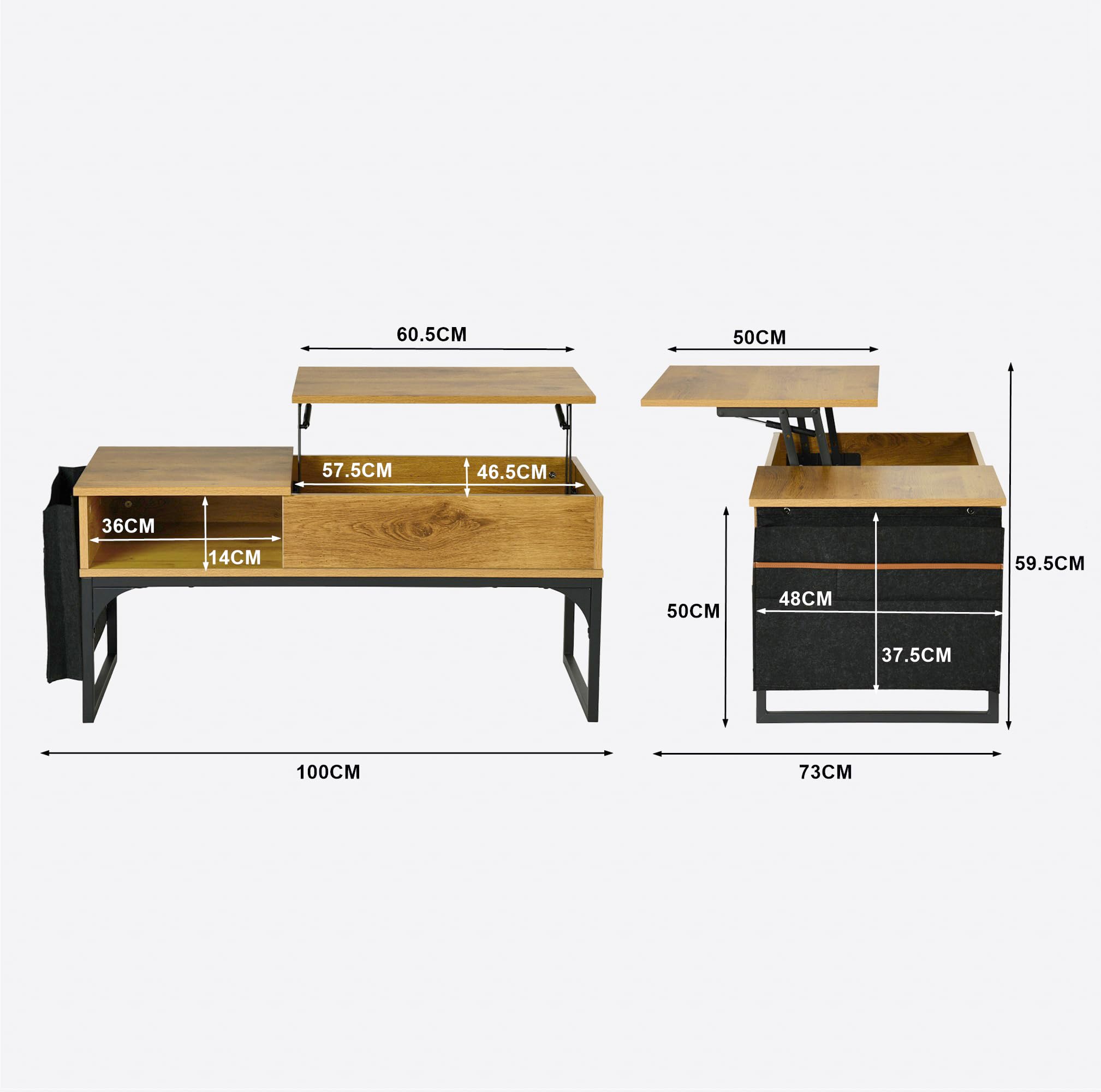 MEUBLE Cosy Mesa de Centro Elevable Mesitas Salón para el café Sofá con Espacio y Bolsillo de Almacenamiento, Estructura de Metal, Estilo Industrial, Marrón Claro, 100x50x45cm