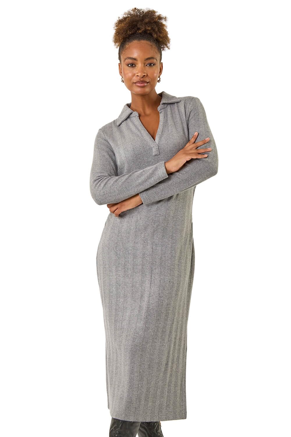 Roman Women's Ribbed Knit Midi Dress Grey Size 14